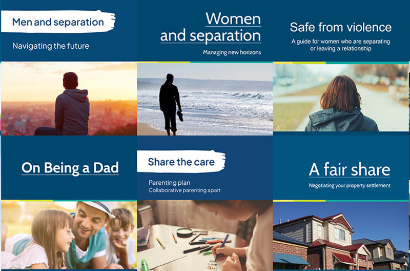 Preview images of the 10 resource booklets on this page about separation, family violence, relationships and parenting