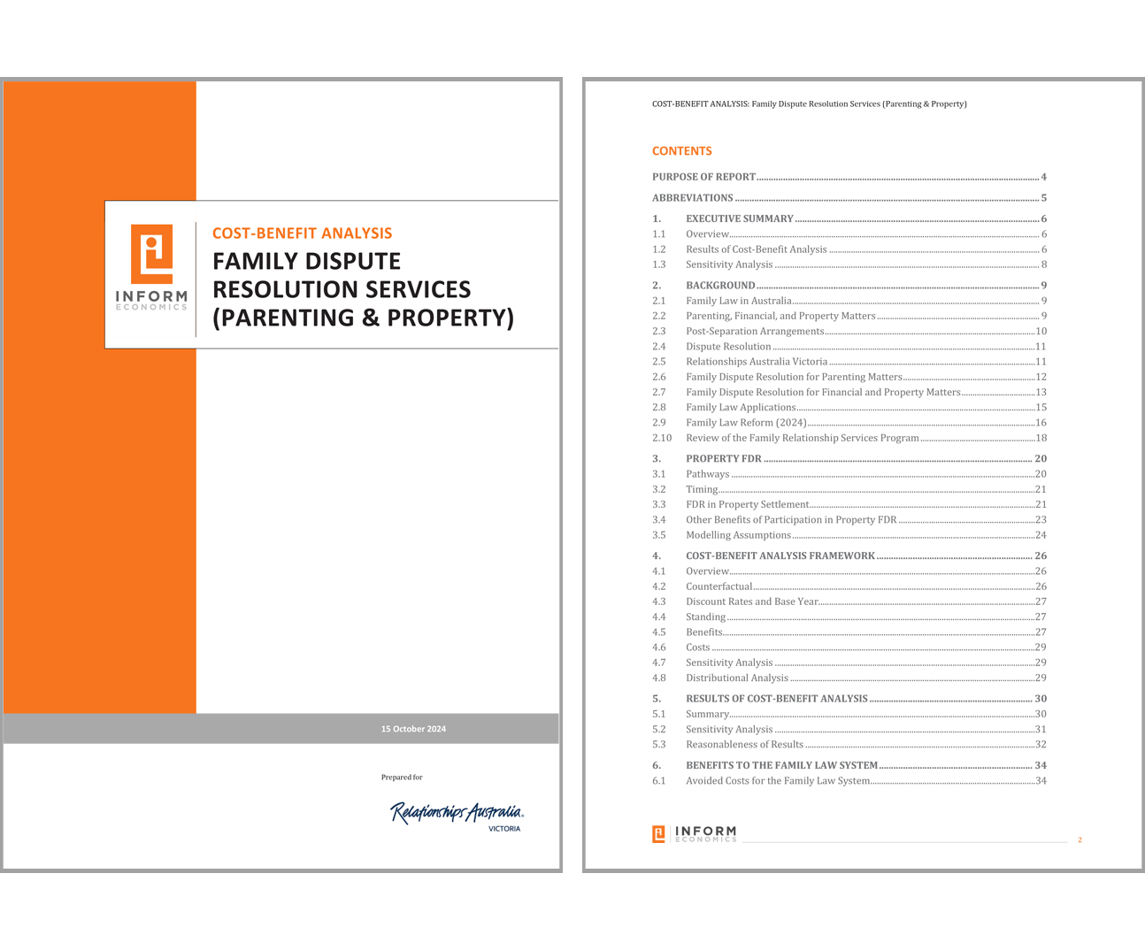 The report cover and table of contents from a cost-benefit analysis of our FDR services for parenting and property matters
